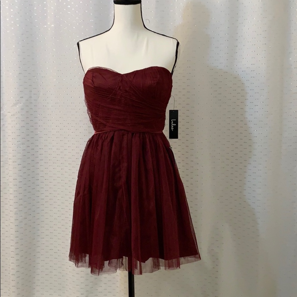 Lulus-Burgundy Tulle Strapless Skater Dress NWT